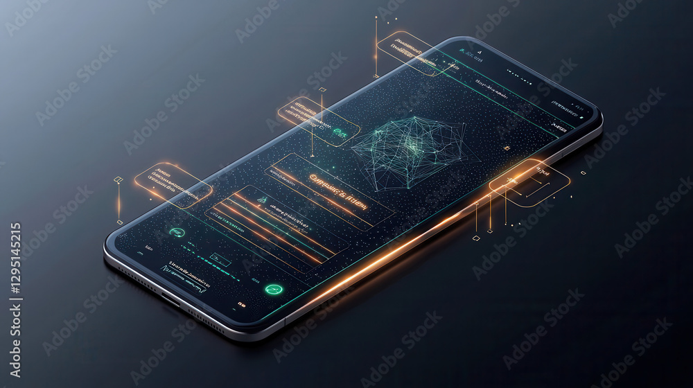 Aufkleber digital dashboard with glowing blue and green elements on smartphone, showcasing data visualization 