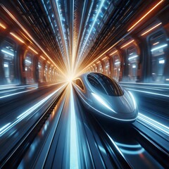 Fototapeta premium High-Speed Train in Futuristic Tunnel with Blurring Lights - Motion
