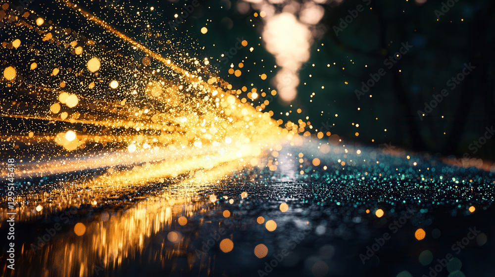 Poster beautiful scene of rain droplets creating sparkling reflections on wet surface, with glowing lights 
