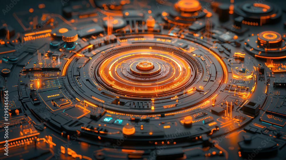 Poster digital interface with glowing orange and blue elements, showcasing intricate patterns and futuristi