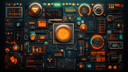 Obraz premium Digital interface with glowing orange and blue elements, showcasing futuristic technology and data visualization