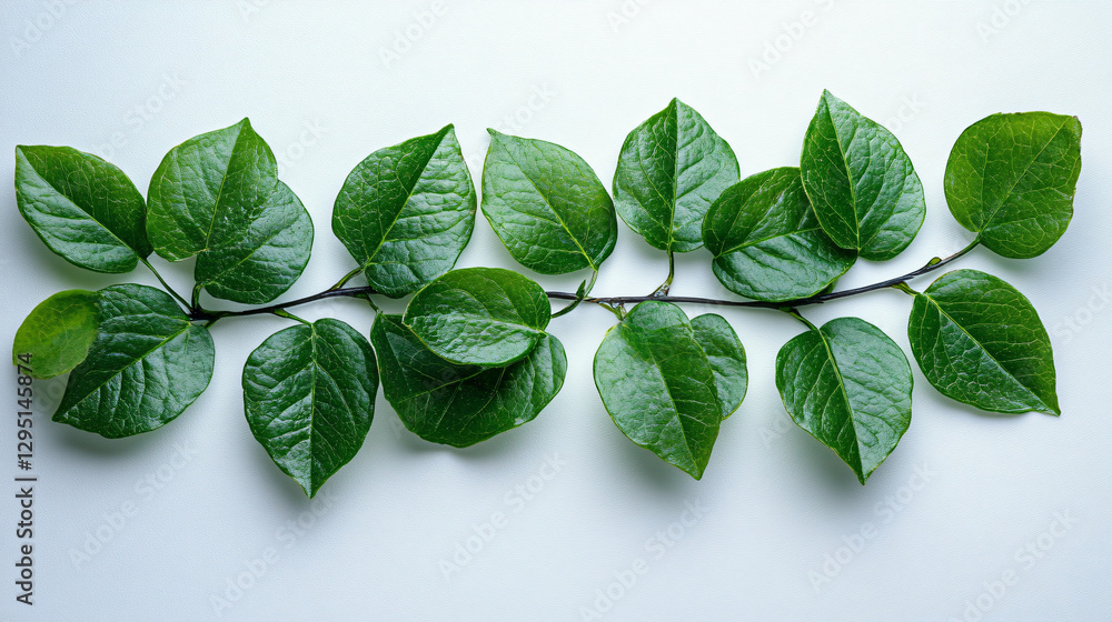 Poster close-up of a green branch with lush leaves showcasing nature's intricate details against a soft gre