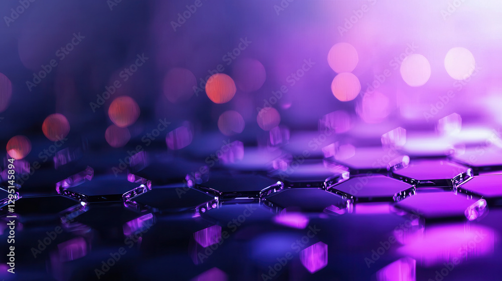 Poster vibrant digital interface featuring glowing purple and orange hexagonal patterns, creating futuristi