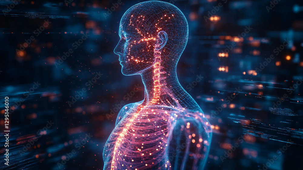 Poster Human head with glowing lines representing neural connections and digital thought processes in a futuristic style