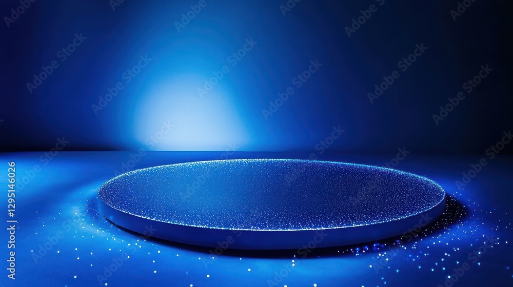 Poster blue gradient platform with sparkling light effects in dark space