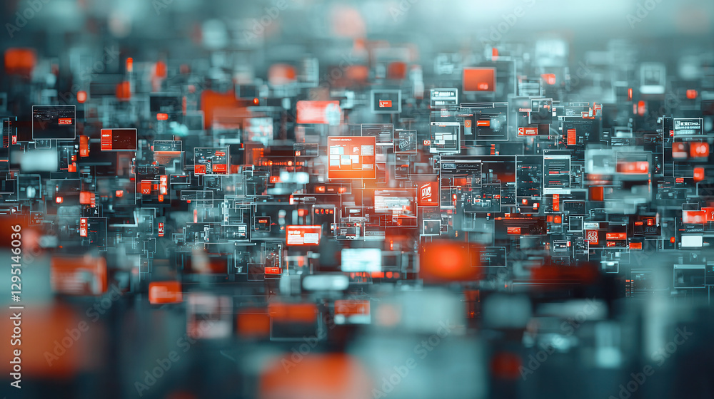 Poster digital interface with glowing red and white elements, showcasing network of screens. vibrant colors