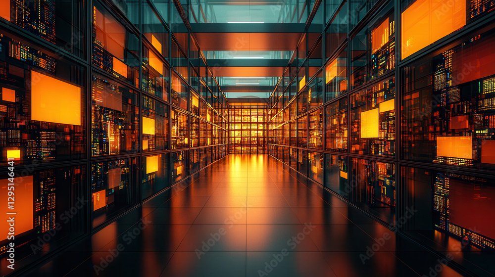 Poster futuristic data streams illuminated by golden hour lighting create vibrant atmosphere in high tech c