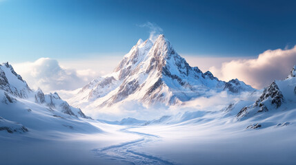 Obraz premium Majestic mountain peak surrounded by snow covered landscape and clouds, showcasing winding trail through winter scenery