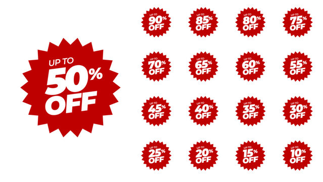 Sticker star burst, promo badge round shape. Special offer discount on red tags with different value percent off 90, 85, 80, 75, 70, 65, 60, 55, 50, 45, 40, 35, 30, 25, 20, 15, and 10% price reduction