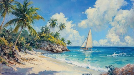 Tropical Island Beach Sailboat Scene