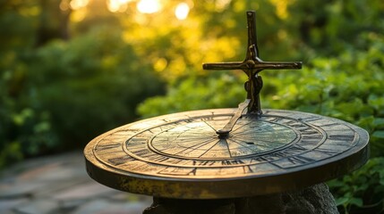 A detailed bronze sundial stands beautifully outside in a garden