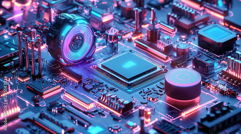Poster futuristic technology setup with vibrant backlighting and intricate circuits