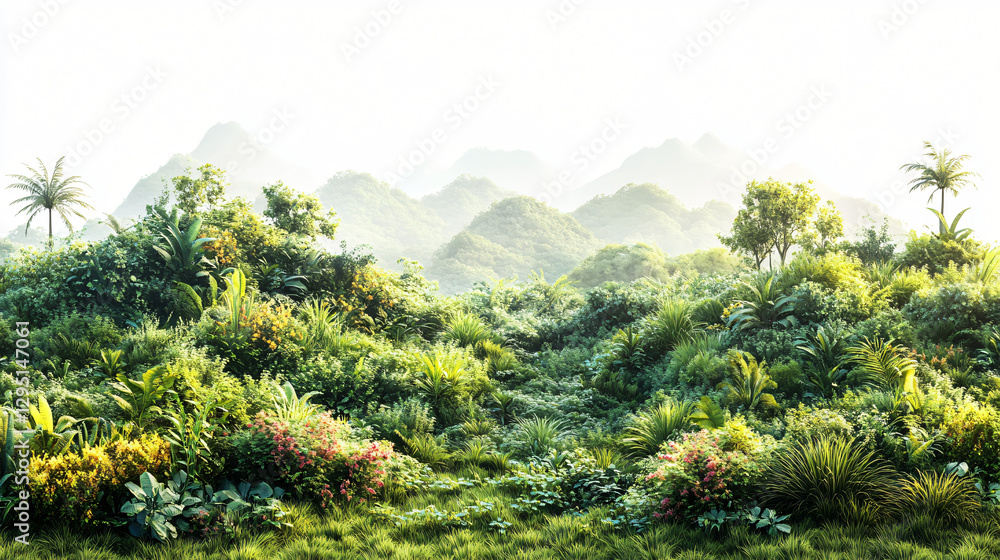 Poster lush tropical forest with dense green foliage and vibrant plants creating a rich and inviting ecosys