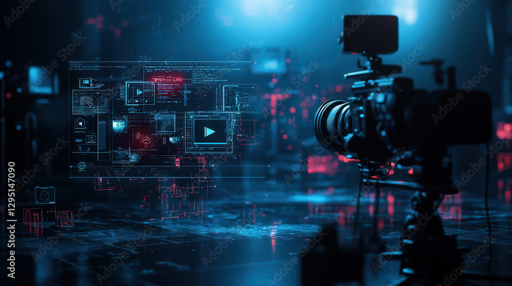 Poster futuristic technology setup with camera and digital interface elements, showcasing advanced media pr
