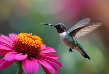 Fototapeta premium Hummingbird Flying Near Pink and Yellow Flower - Close-Up