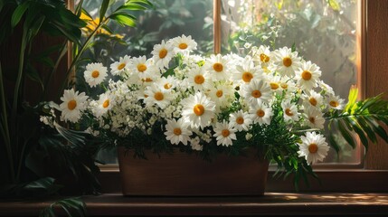 A vibrant floral arrangement featuring fresh white daisies, symbolizing joy and positivity in a nature-inspired setting.