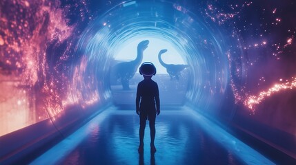 A child stands in a futuristic tunnel, illuminated by vibrant lights, with dinosaur silhouettes visible in the background.