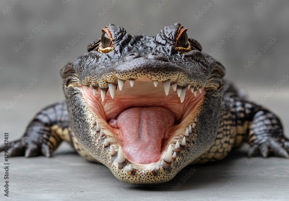Poster close-up of an alligator opening its mouth with sharp teeth displayed on neutral background