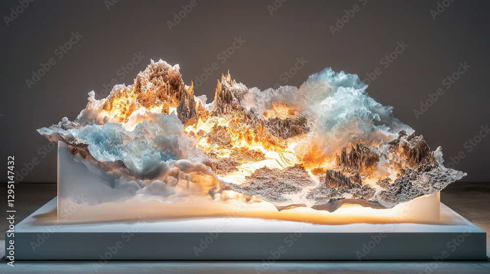 Poster stunning sculpture depicting dynamic landscape with waves and mountains, illuminated from below, cre
