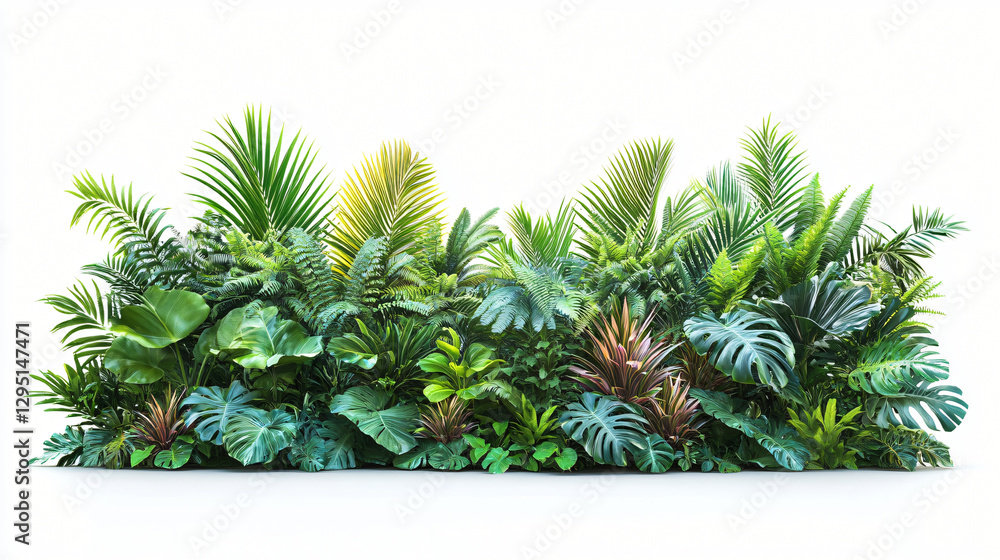 Poster expansive wall covered with diverse tropical plants creating a lush greenery backdrop for relaxation