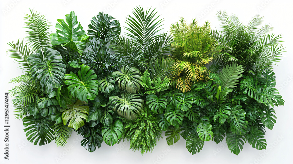 Poster expansive wall covered with diverse tropical plants creating a lush greenery backdrop for relaxation