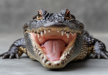 Obraz premium Close-up of an Alligator Opening Its Mouth with Sharp Teeth Displayed on Neutral Background