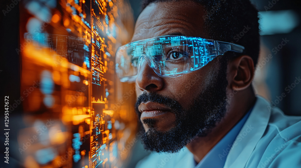 Poster man wearing stylish glasses intently observing a computer screen while engaged in work at a modern d