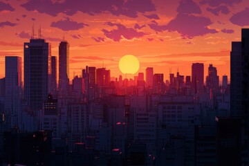 Fototapeta premium Cityscape Sunset: A Vibrant Panorama of Urban Skyline at Dusk