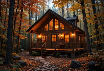 Cozy Log Cabin in Autumn Forest with Warm Interior Lighting