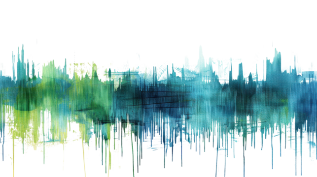 Abstract watercolor painting with dripping green and blue colors on transparent background