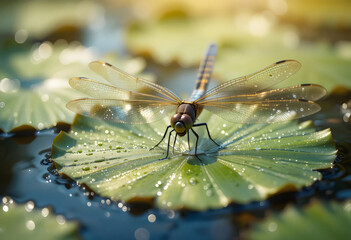 Dragonfly on Lotus Leaf with Water Droplets - Macro