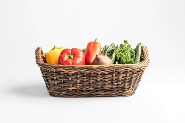 Fototapeta premium Fresh vegetables in wicker basket, white background, healthy eating