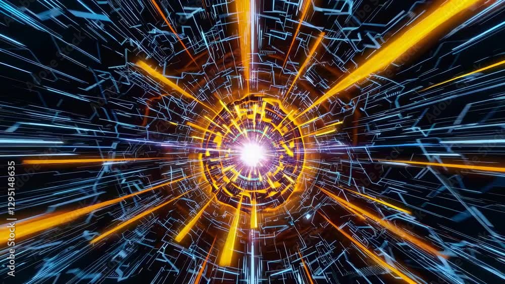 Poster futuristic video concept with a first-person view of a digital tunnel. dynamic neon lines create a s