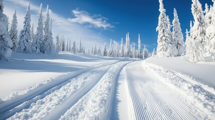 Obraz premium A winter paradise with pristine ski tracks leading through powdery snow, set against a peaceful alpine backdrop.