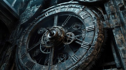 Obraz premium A large antique clock mechanism inside a weathered building