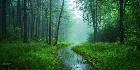 Fototapeta premium A mystical forest clearing bathed in morning dew and fog