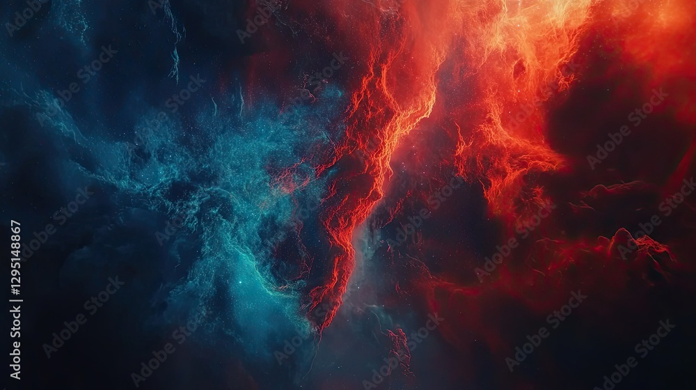 Poster abstract cosmic background with a luminous nebula blending deep blues and fiery reds in a surreal sc