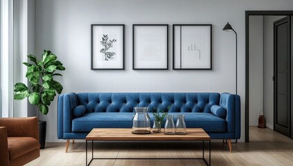 Modern Living Room Interior with Blue Velvet Sofa and Wooden Coffee Table