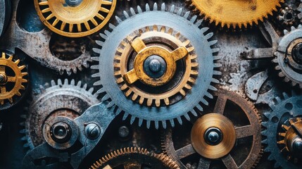 Interlocking metal gears depicting mechanical parts and engineering details