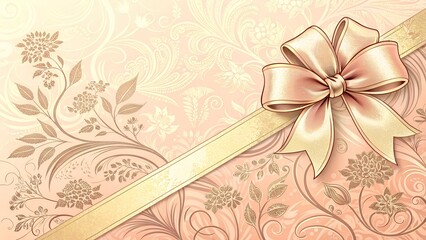 "Elegant vintage-style background in soft golden tones with an embossed floral pattern. A shiny golden satin ribbon runs horizontally, tied into a large bow on the right side. 