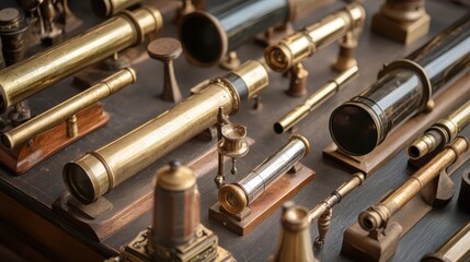 Antique Telescopes Arranged on a Dark Wooden Table Surface
