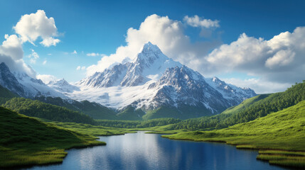 Fototapeta premium stunning mountain landscape featuring snow capped peaks, lush green valleys, and serene lake reflecting sky. This pristine environment evokes sense of tranquility and natural beauty