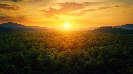Obraz premium Aerial view of a glowing sunset over a dense forest, with mountain silhouettes in the background.