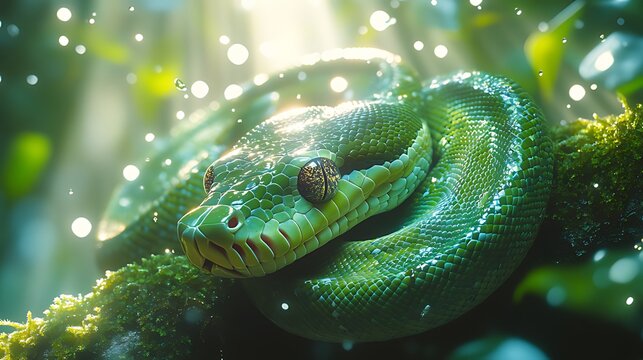 Green tree python rainforest sunlit foliage closeup