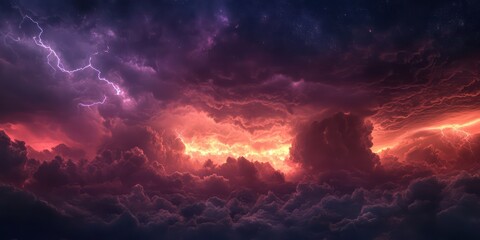Naklejka premium Fiery storm cloudscape, lightning flashes, night sky, dramatic background, perfect for fantasy or sci-fi