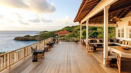 Fototapeta premium Bohemian style terrace, surrounded by sea view, comfortable and relaxing