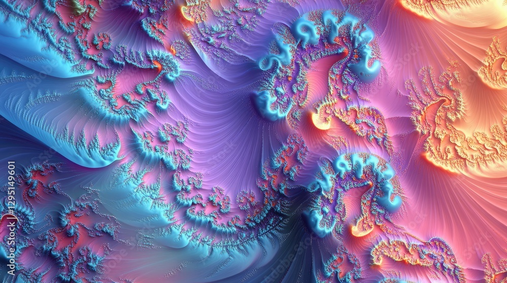 Poster an abstract fractal pattern glowing in neon blue and pink hues, creating a futuristic and vibrant ef