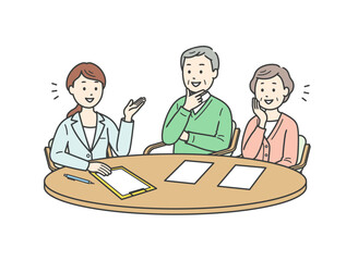 ケアマネ女性から説明を受ける高齢者男女夫婦イラスト