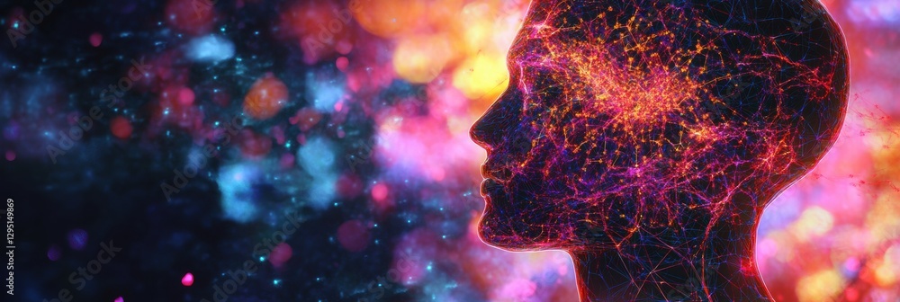 Poster human head silhouette with glowing ai nodes in a cosmic cyberpunk background highlights digital conn