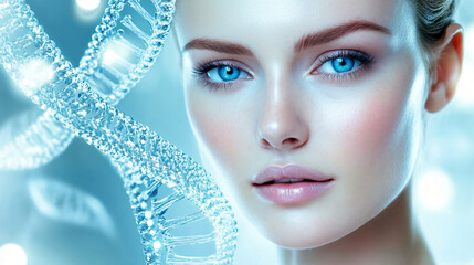 Woman with striking blue eyes gazing intently while surrounded by a dna design representing genetic complexity
